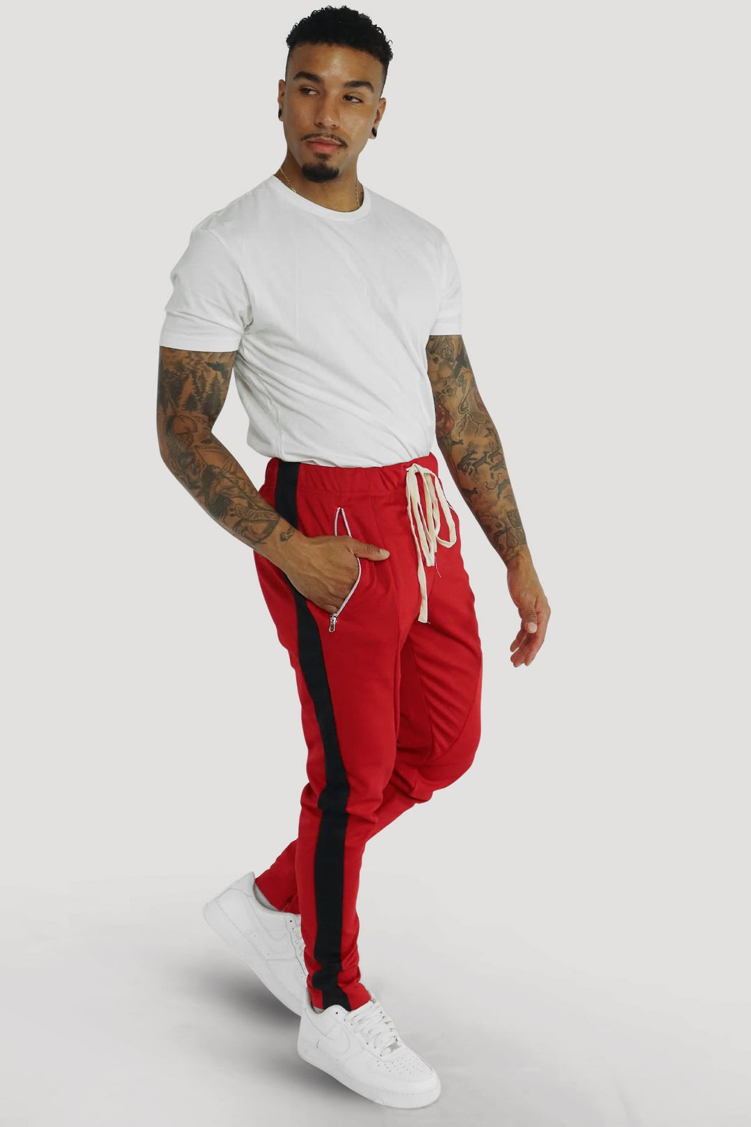 Premium Side Stripe Zip Pocket Track Pants (Red - Black) - Zamage