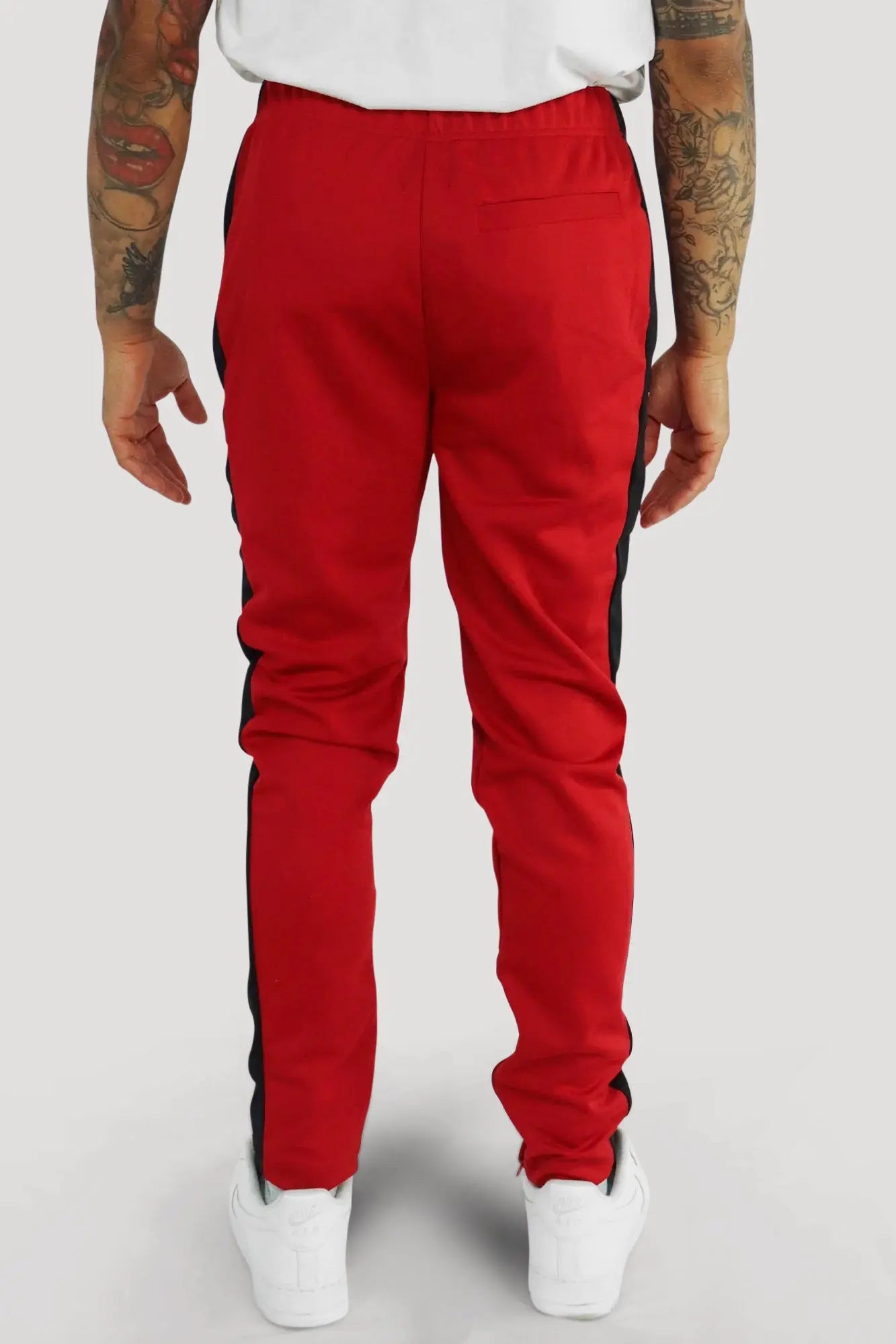 Premium Side Stripe Zip Pocket Track Pants (Red - Black) - Zamage
