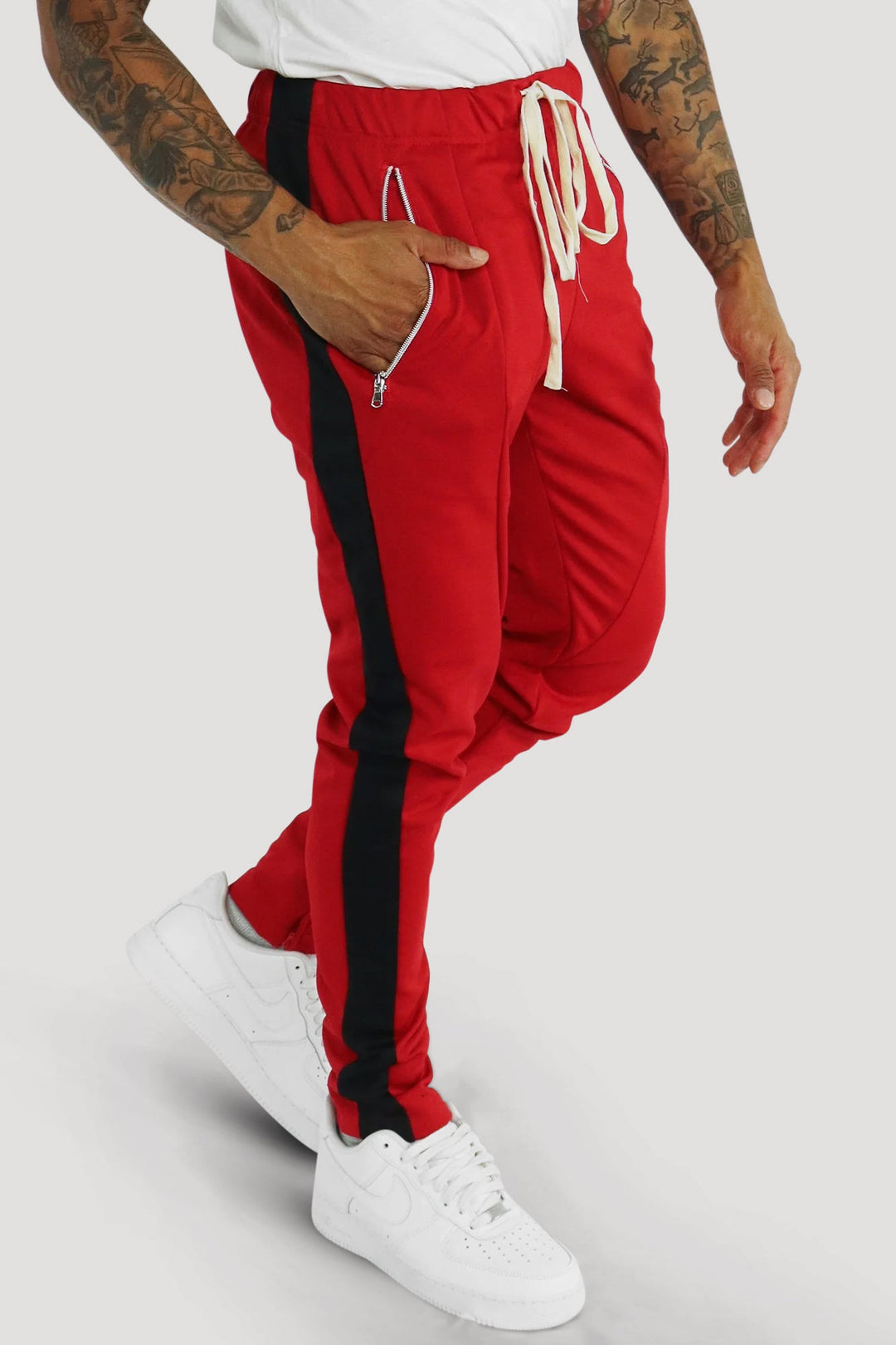 Premium Side Stripe Zip Pocket Track Pants (Red - Black) - Zamage
