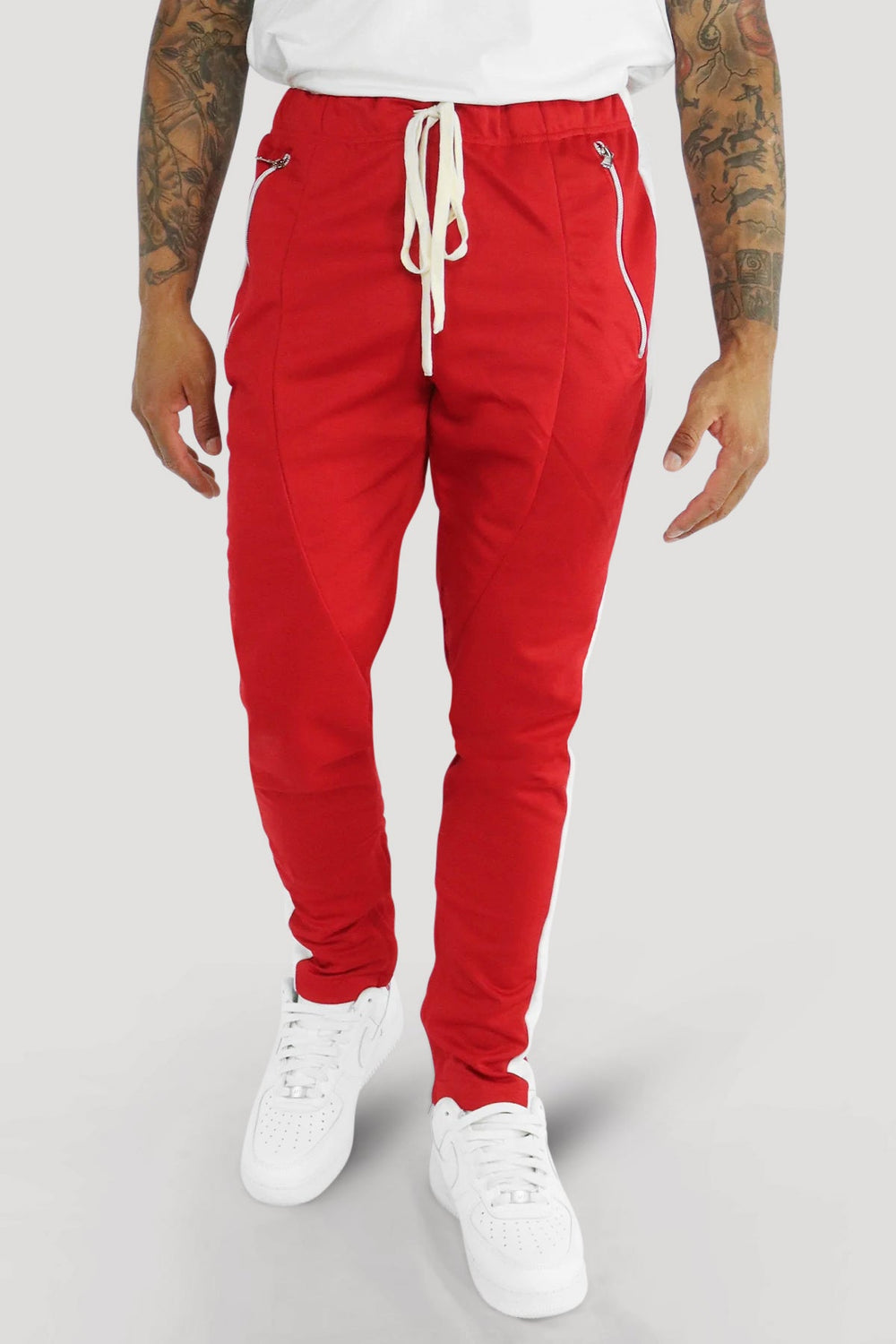 Premium Side Stripe Zip Pocket Track Pants (Red - White) - Zamage