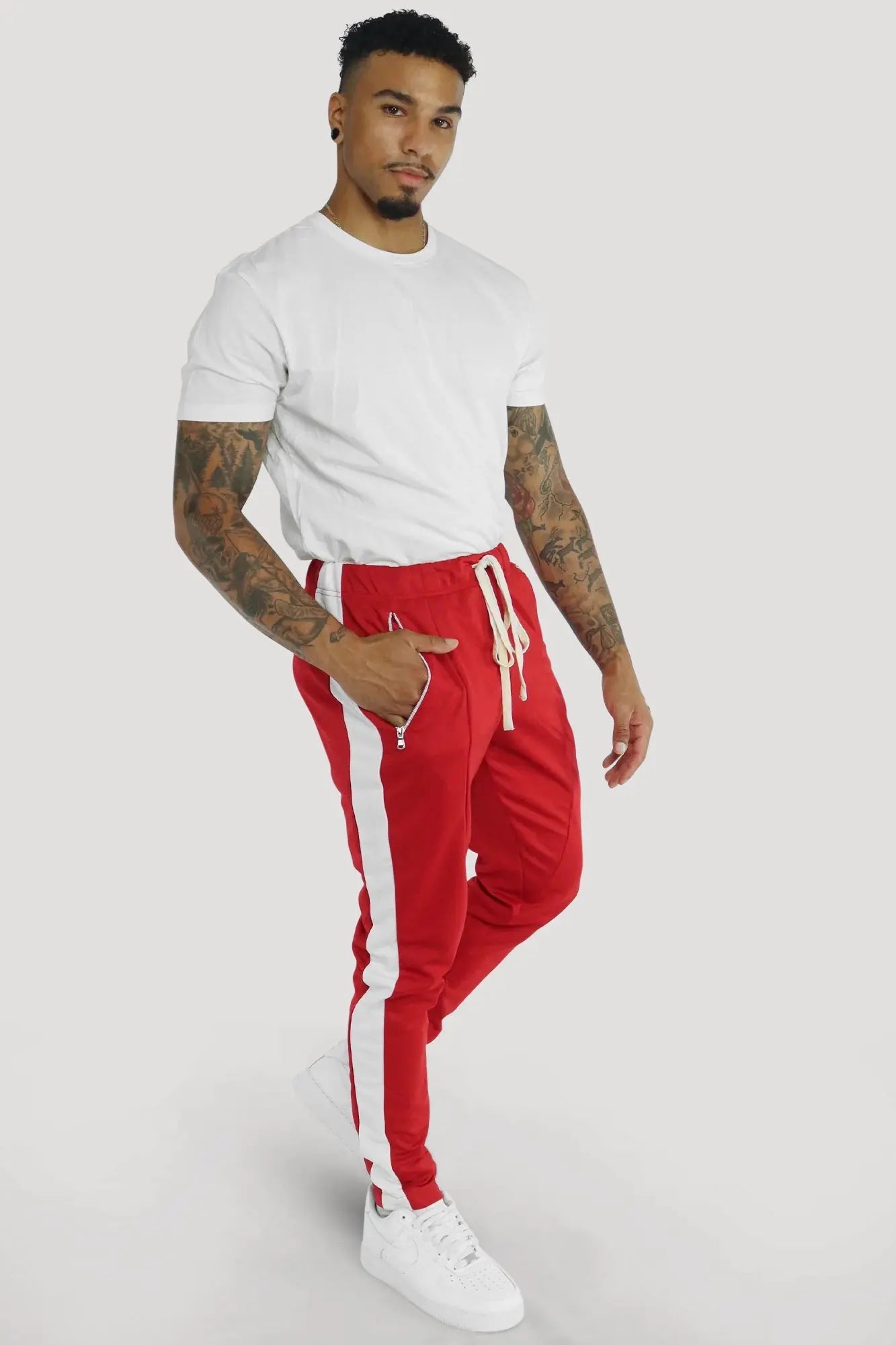 Premium Side Stripe Zip Pocket Track Pants (Red-White) - Zamage