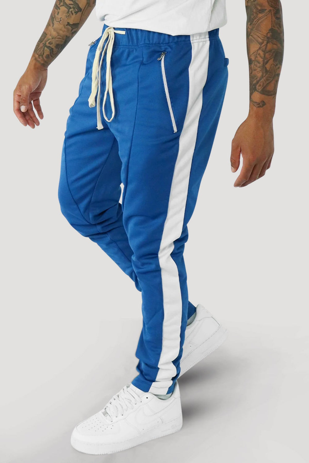 Premium Side Stripe Zip Pocket Track Pants (Royal Blue - White) - Zamage