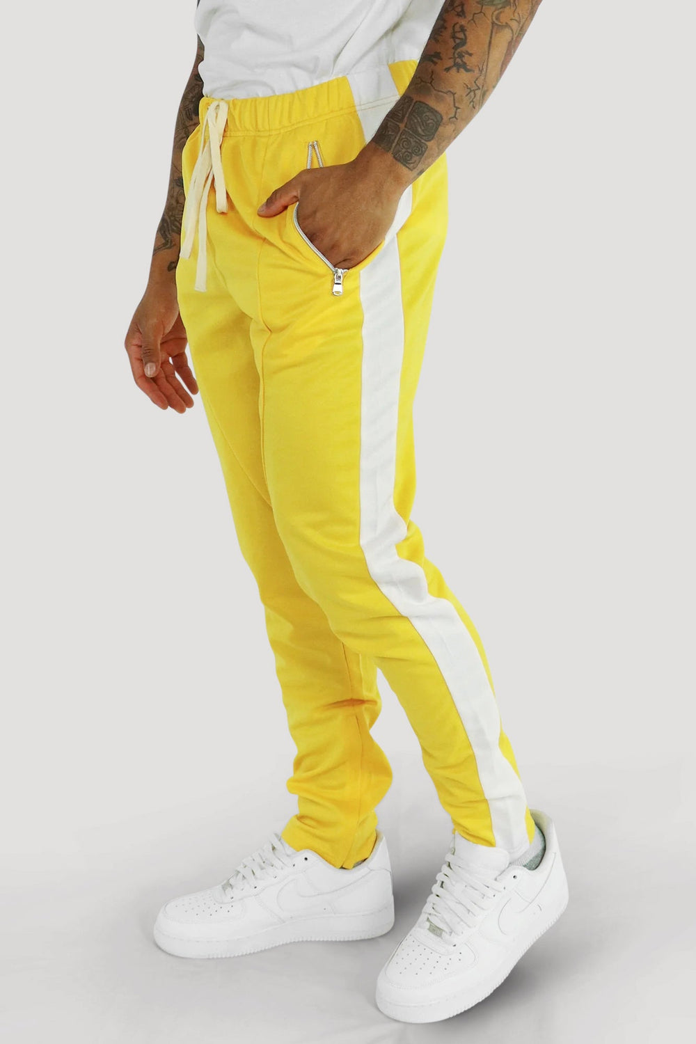 Premium Side Stripe Zip Pocket Track Pants (Yellow - White) - Zamage