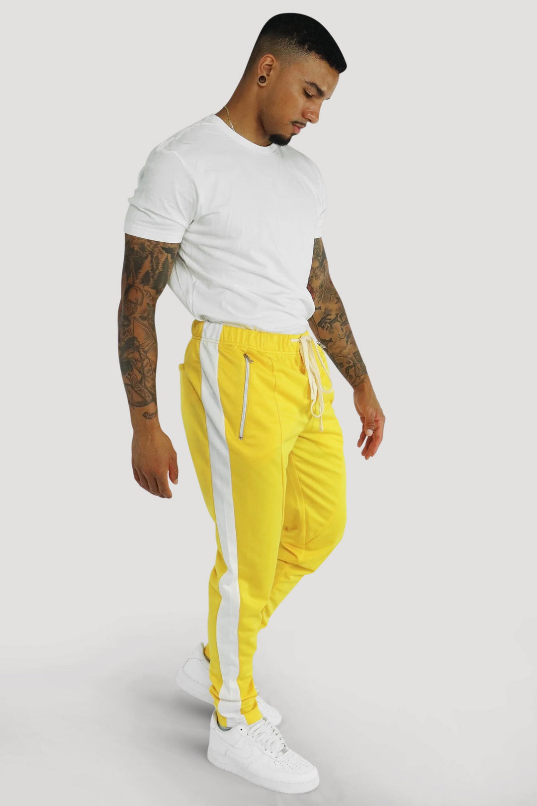 Premium Side Stripe Zip Pocket Track Pants (Yellow - White) - Zamage