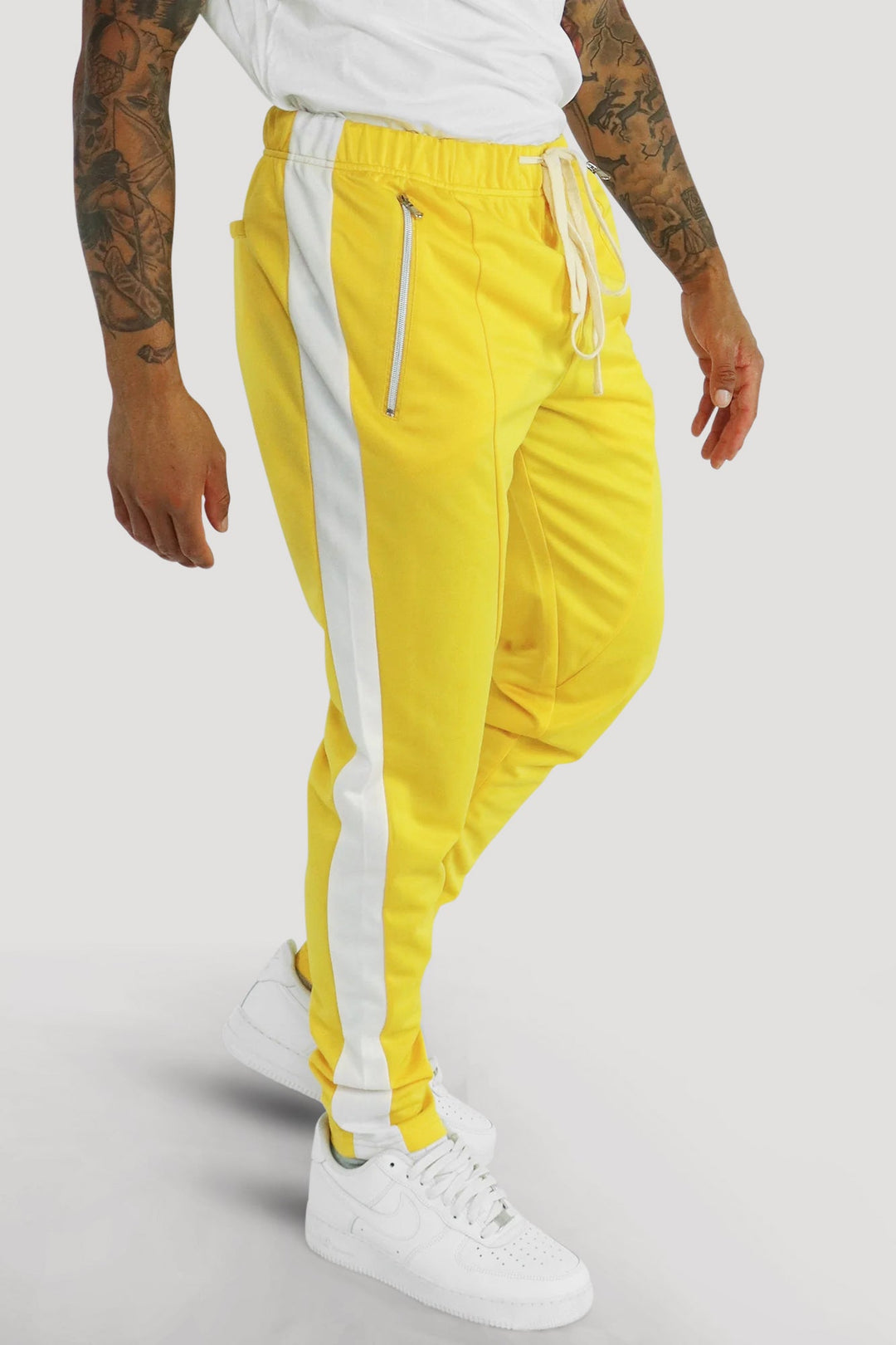 Premium Side Stripe Zip Pocket Track Pants (Yellow - White) - Zamage