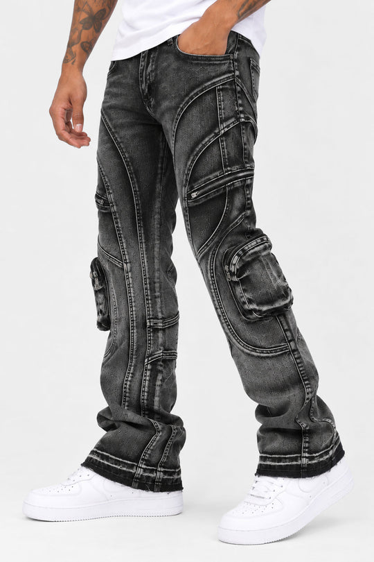 Prime Time black wash stacked jeans for men with zip cargo pockets, view 4