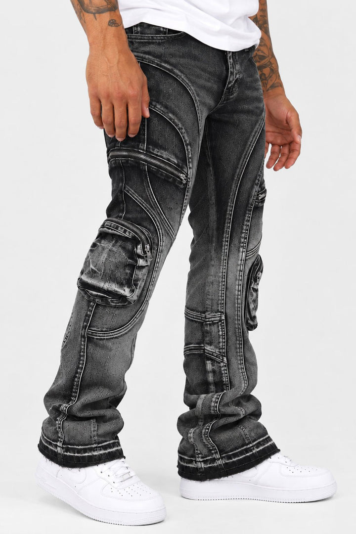 Prime Time black wash stacked jeans for men with zip cargo pockets, view 1