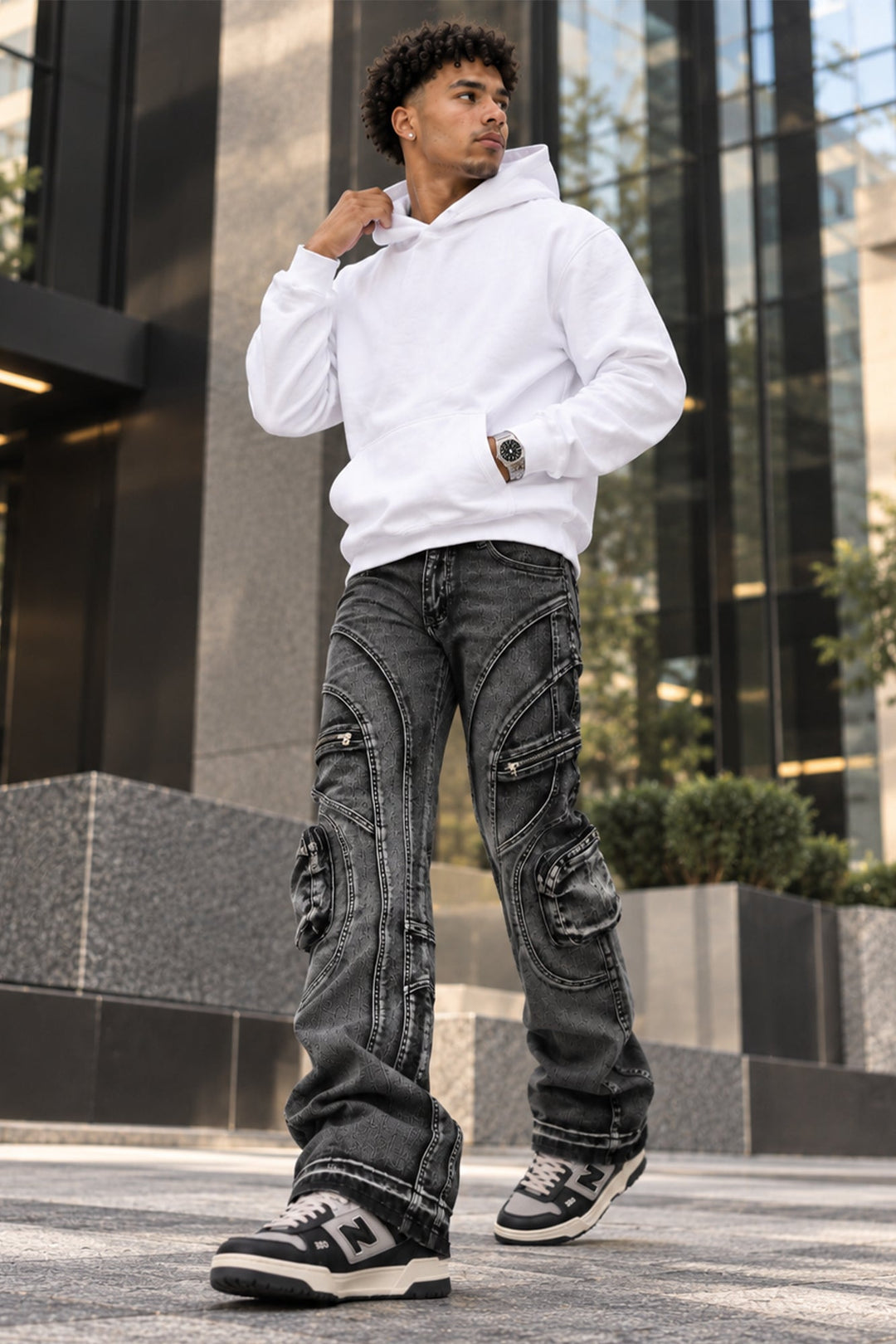 Prime Time black wash stacked jeans for men with zip cargo pockets, view 2