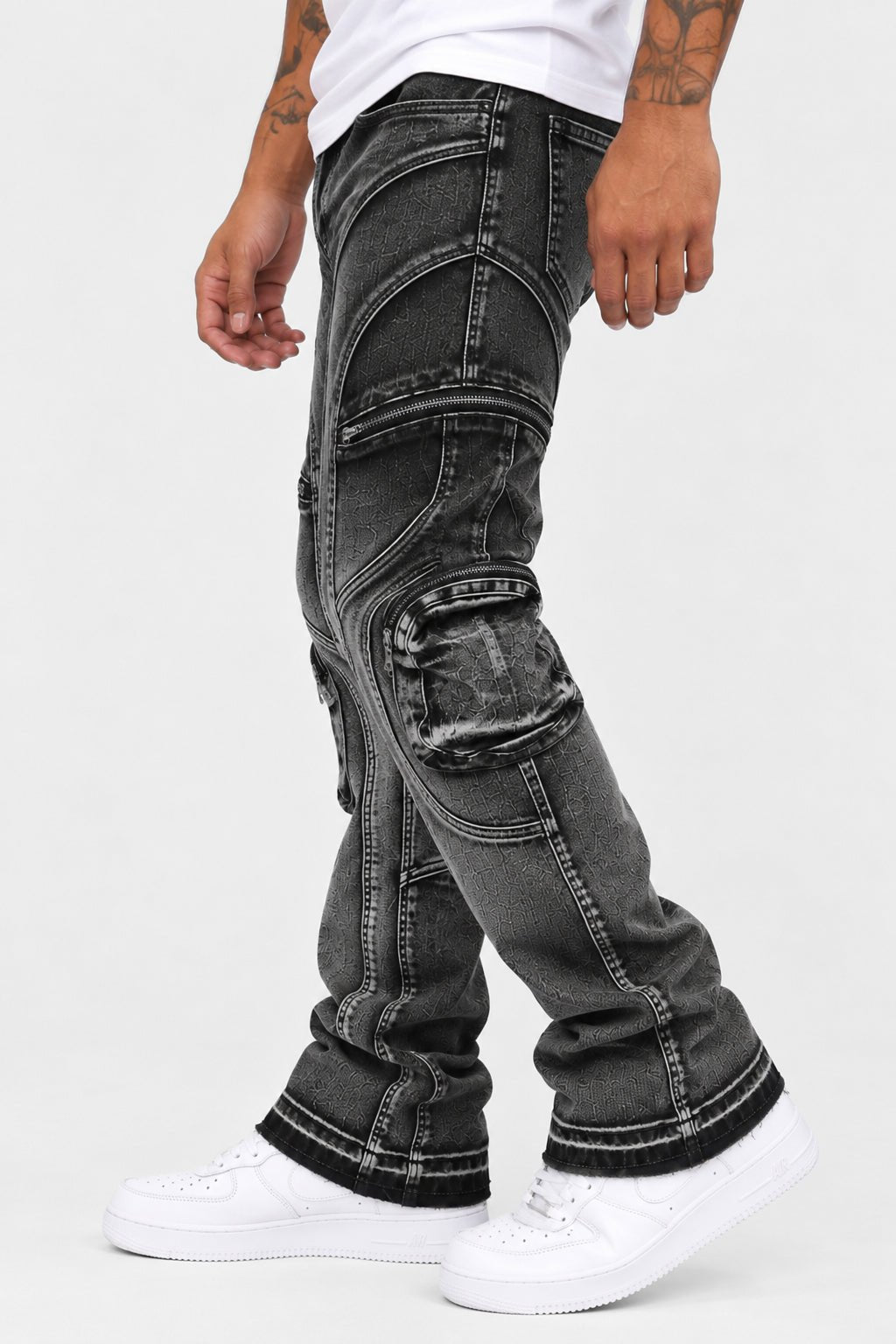 Prime Time black wash stacked jeans for men with zip cargo pockets, view 6