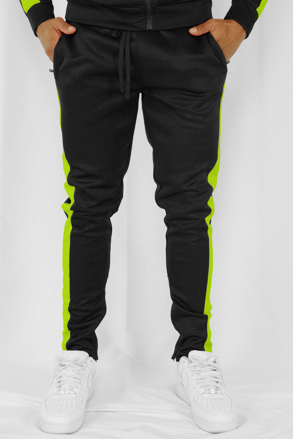 Outside Solid One Stripe Track Pants (Black - Lime) (100-402) - Zamage