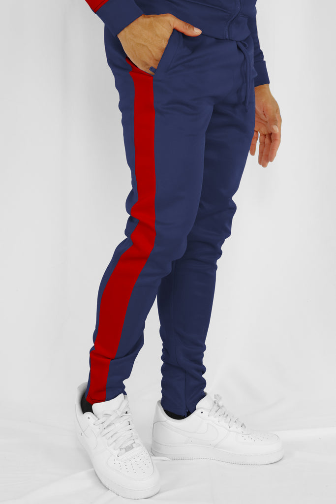 Navy blue track cheap pants with red stripe