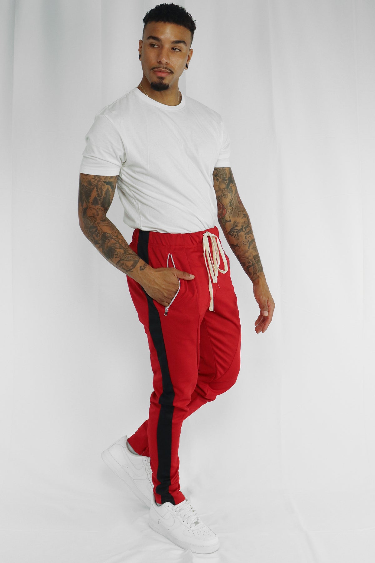 Premium Side Stripe Zip Pocket Track Pants (Red - Black) – Zamage