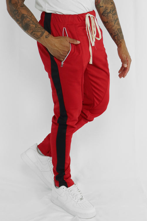 Premium Side Stripe Zip Pocket Track Pants (Red - Black) - Zamage