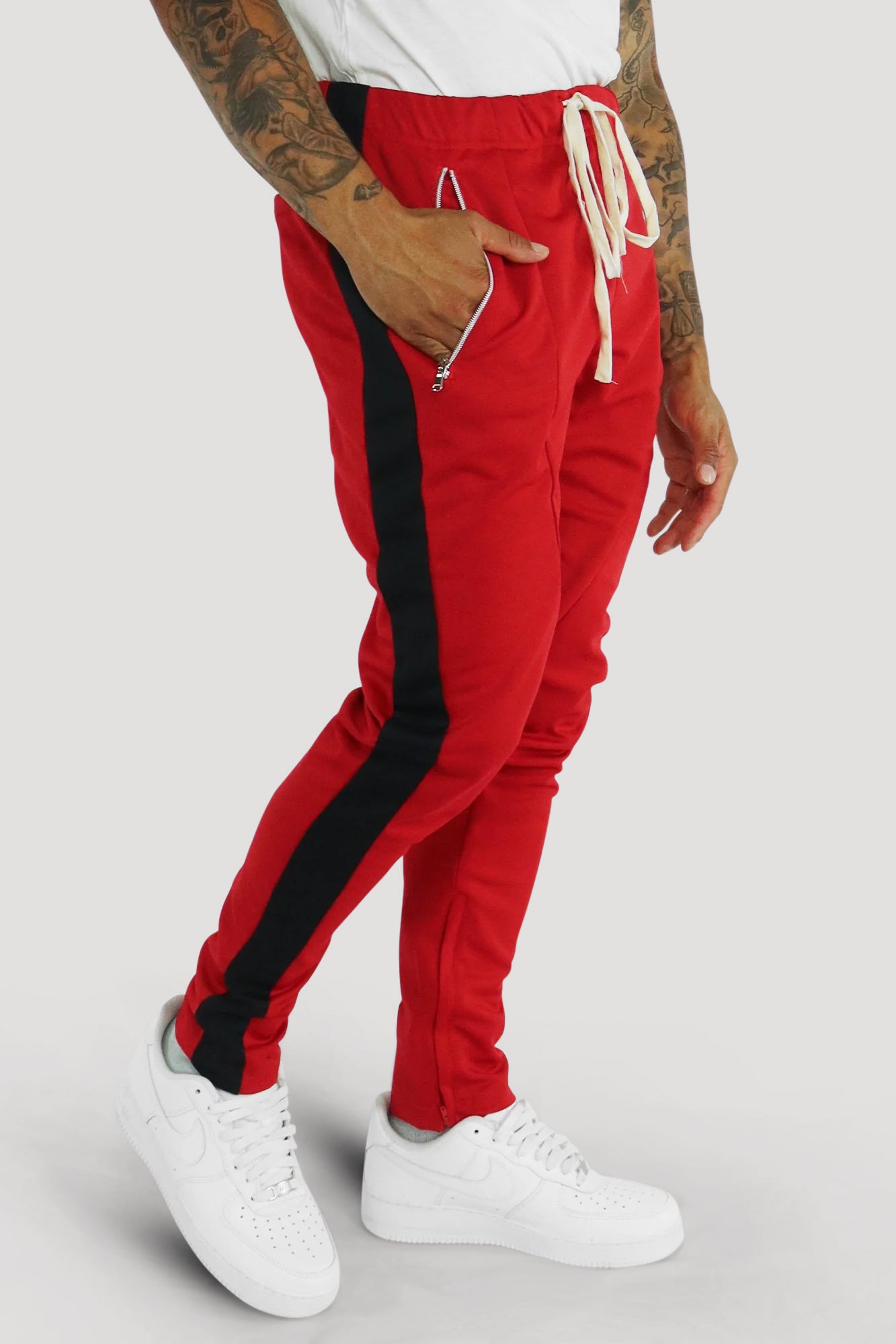 Premium Side Stripe Zip Pocket Track Pants (Red - Black