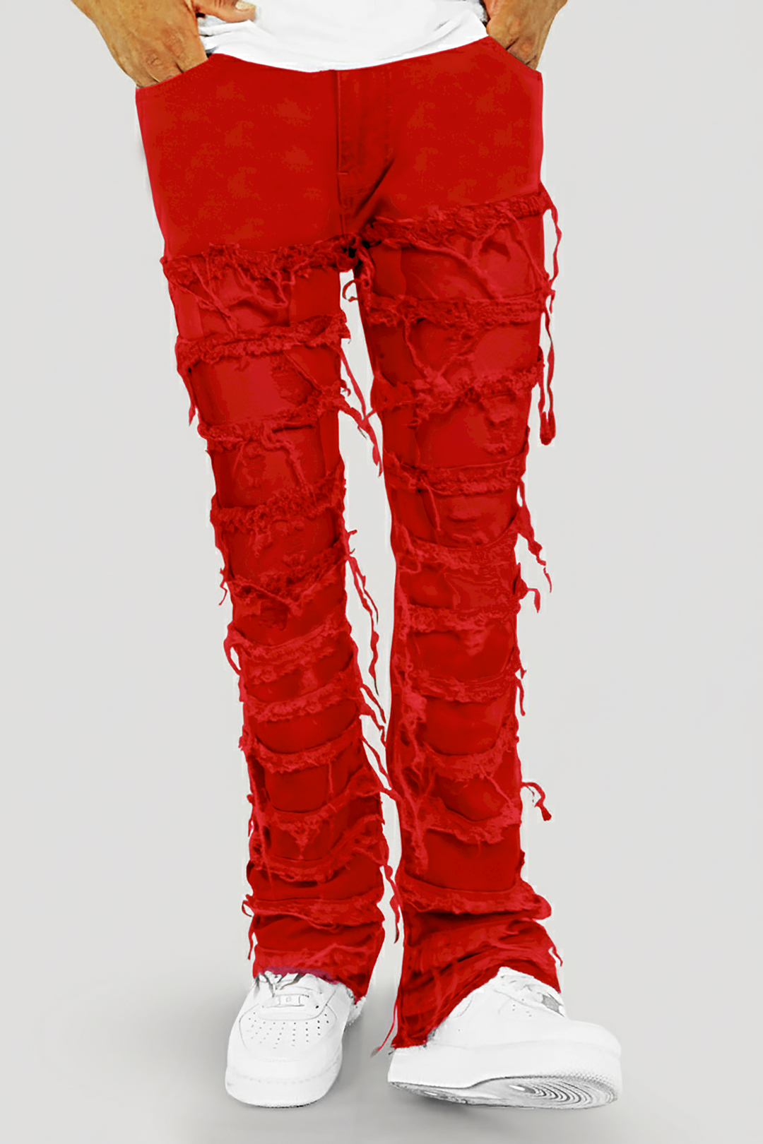 Distressed Layered Stacked Denim (Red) (S3016T)