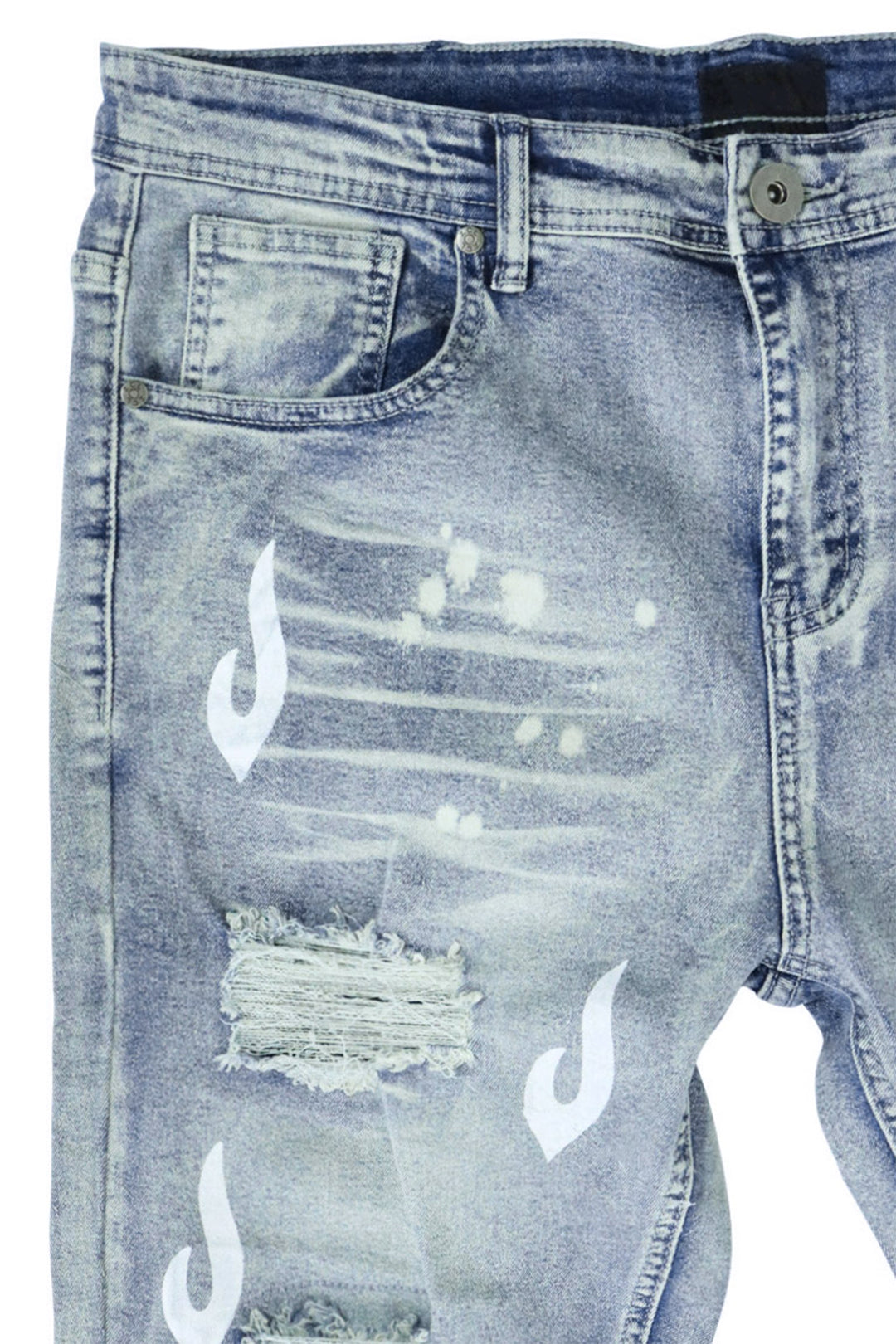 16 Jeans Men's Flame Print Jeans Snow Washed Light Blue Denim