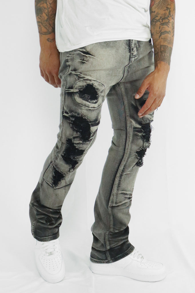 Ripped & Repaired Super Stacked Denim (Black Wash) - Zamage