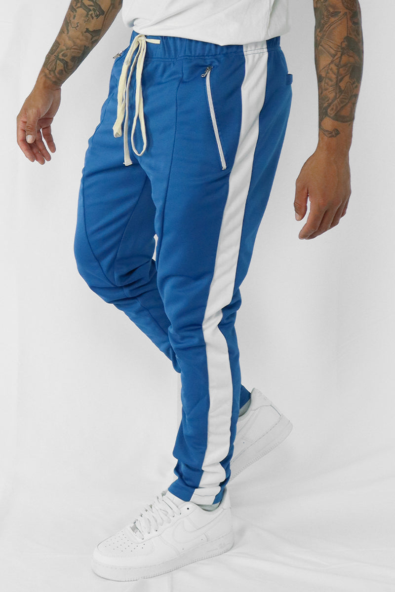 Premium Side Stripe Zip Pocket Track Pants (Royal Blue-White) - Zamage