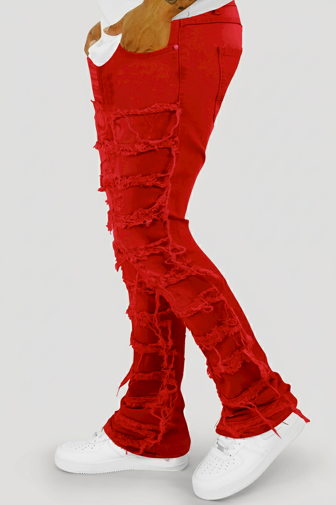 Distressed Layered Stacked Denim (Red) (S3016T)