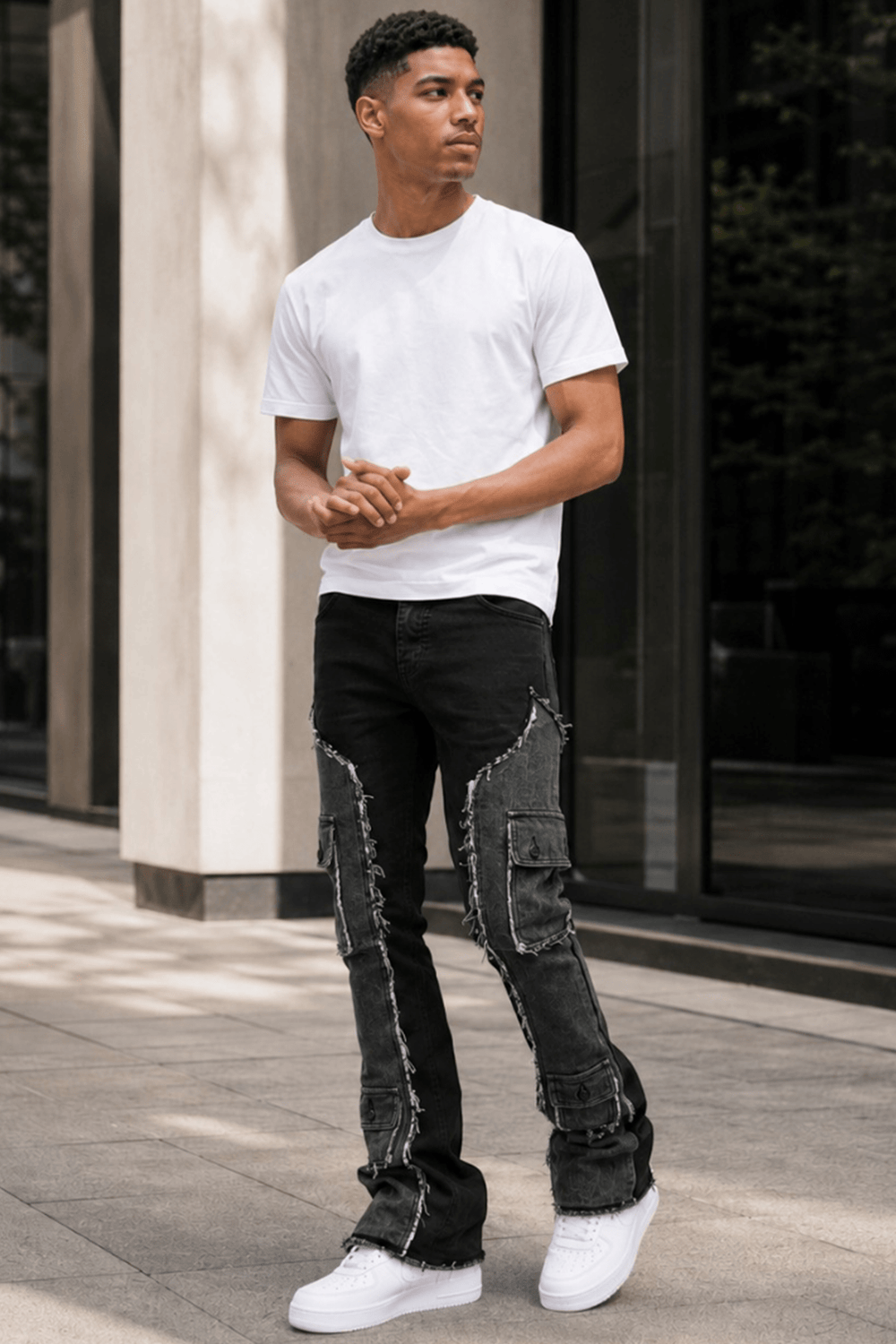 Trenchline Cargo Pocket Stacked Denim (Black - Grey) - Zamage