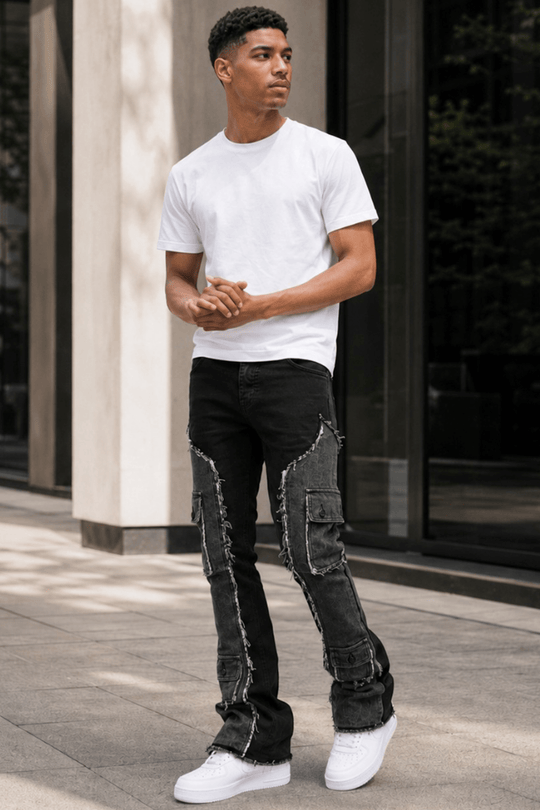Trenchline Cargo Pocket Stacked Denim (Black - Grey) - Zamage