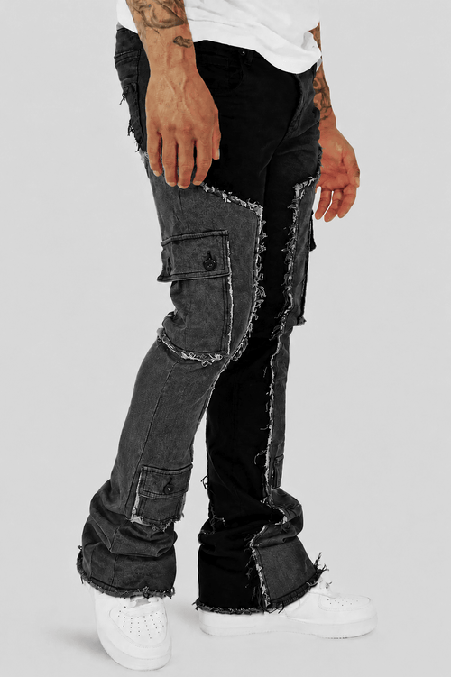 Trenchline Cargo Pocket Stacked Denim (Black - Grey) - Zamage