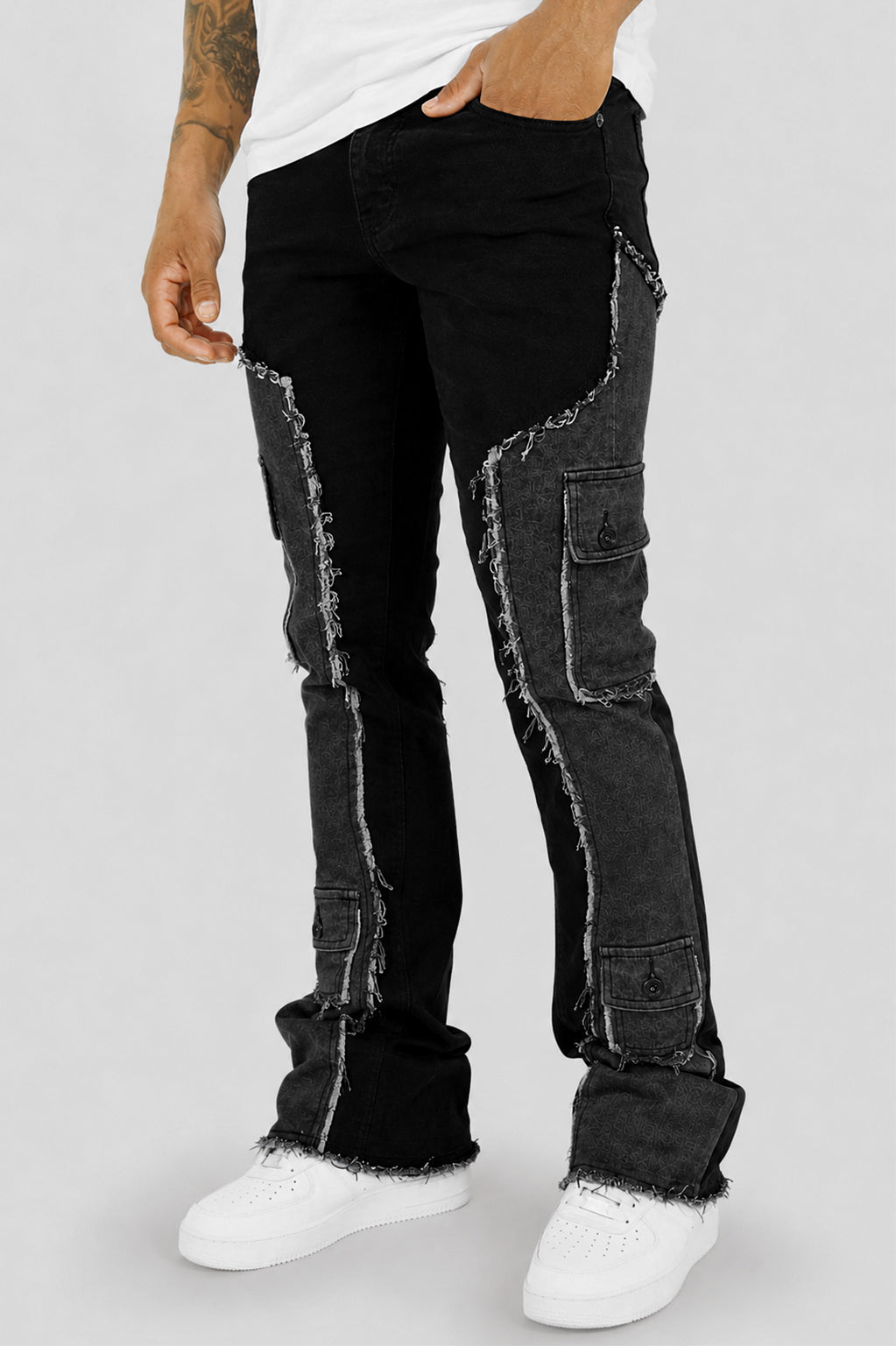 Trenchline Cargo Pocket Stacked Denim (Black - Grey) - Zamage