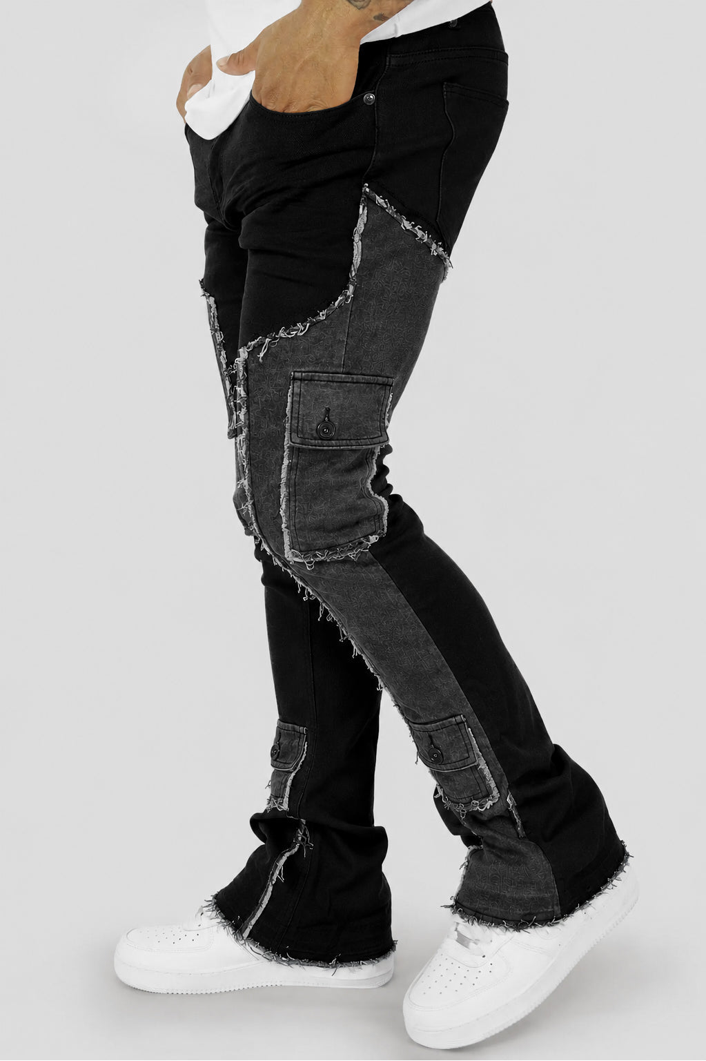 Trenchline Cargo Pocket Stacked Denim (Black - Grey) - Zamage