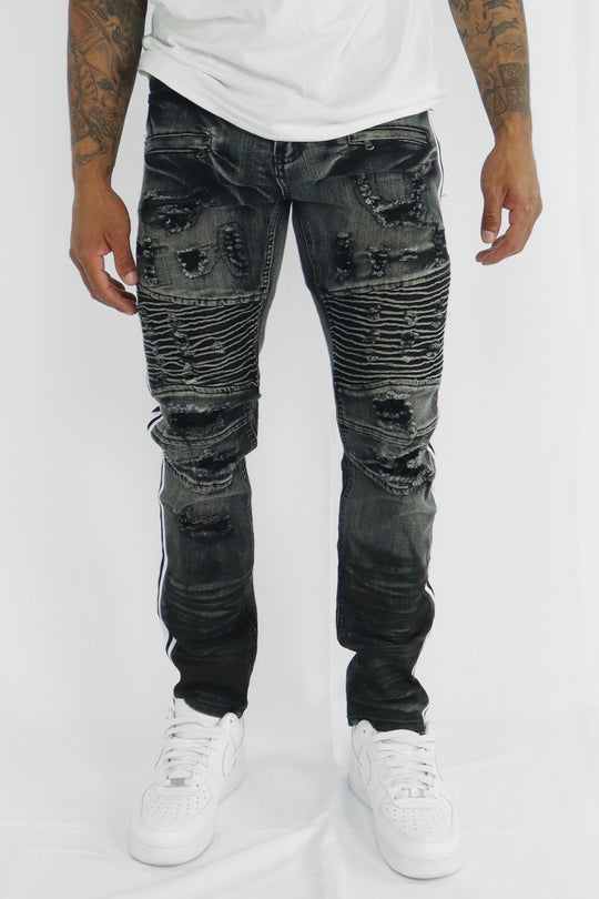 Triple Stripe Skinny Fit Denim (Black-White) - Zamage