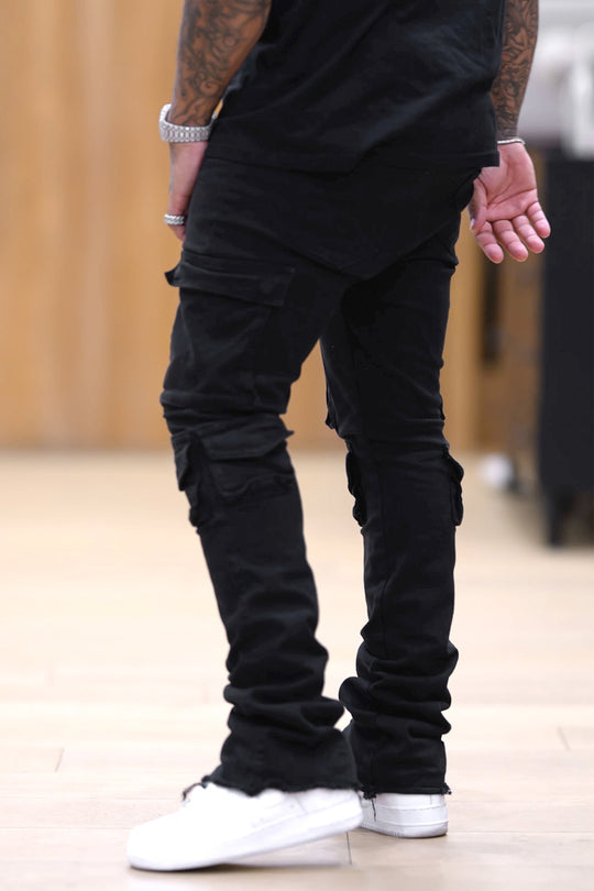 Vortex Cargo Stacked Denim (Black) - Zamage
