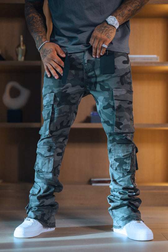 Vortex Cargo Stacked Denim (Black Camo) - Zamage