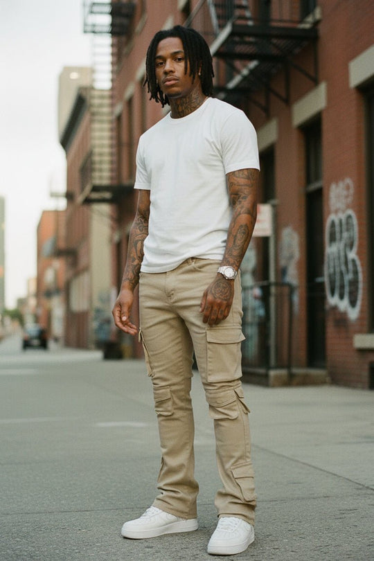 Vortex Cargo Stacked Denim (Khaki) - Zamage