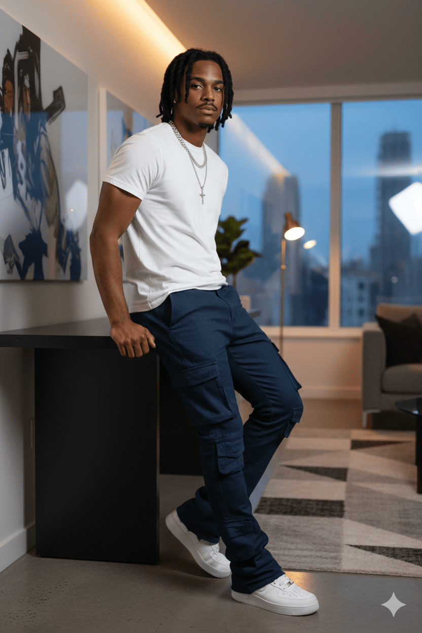 Vortex Cargo Stacked Denim (Navy) - Zamage