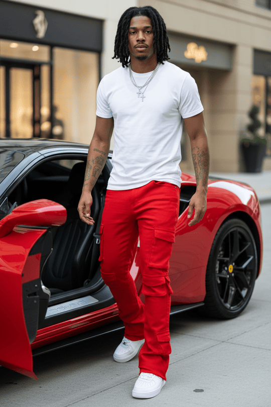 Vortex Cargo Stacked Denim (Red) - Zamage