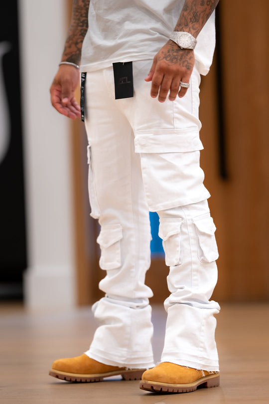 Vortex Cargo Stacked Denim (White) - Zamage