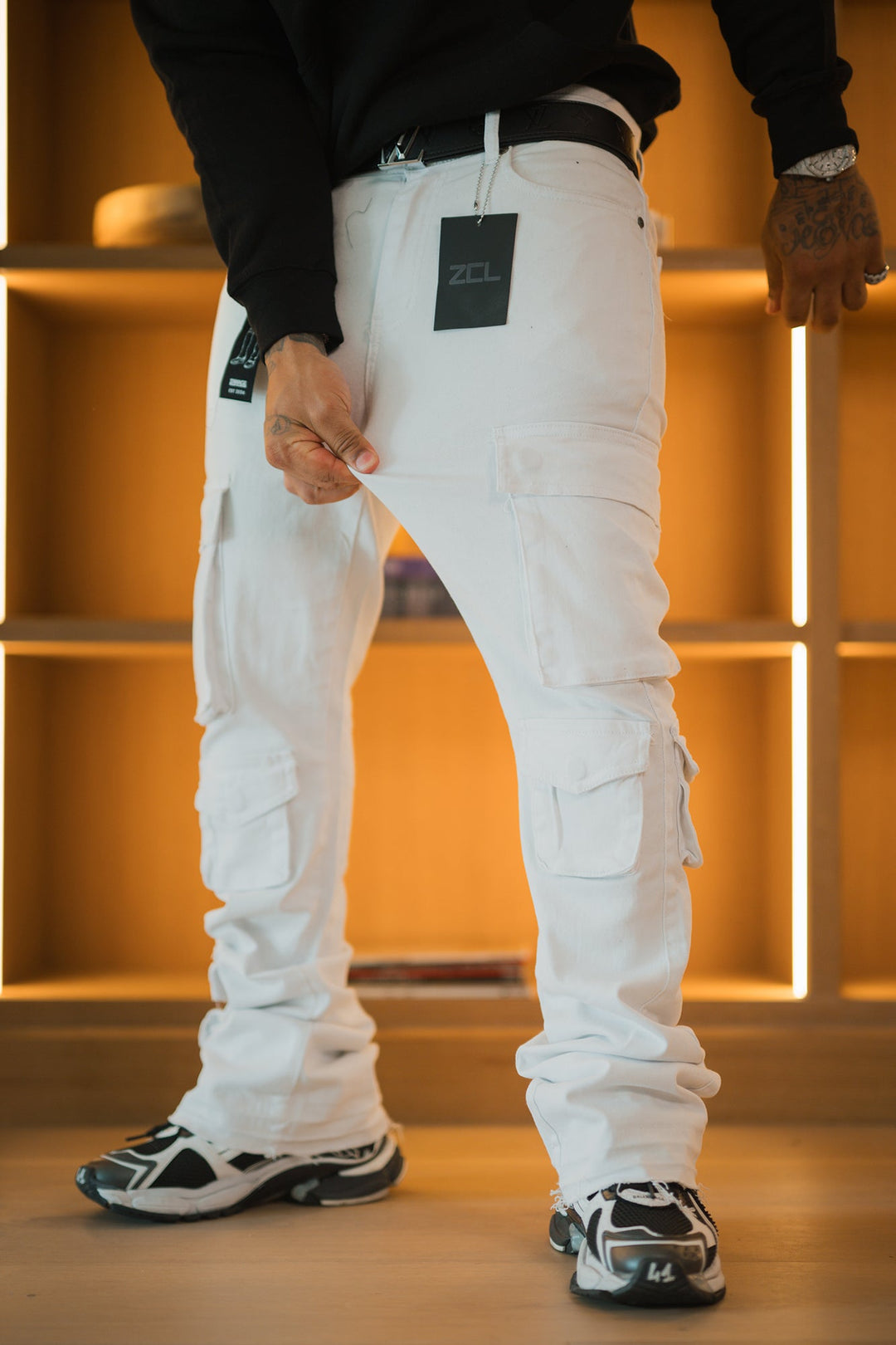 Vortex Cargo Stacked Denim (White) - Zamage