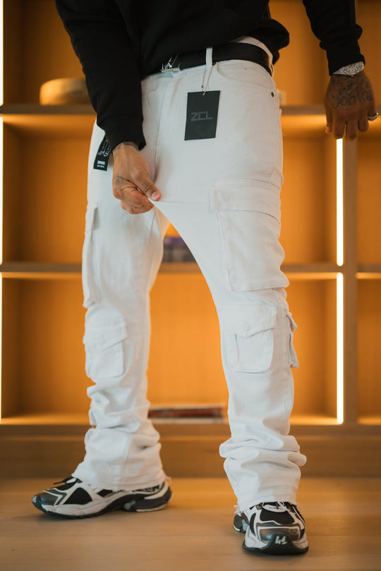 Vortex Cargo Stacked Denim (White) - Zamage