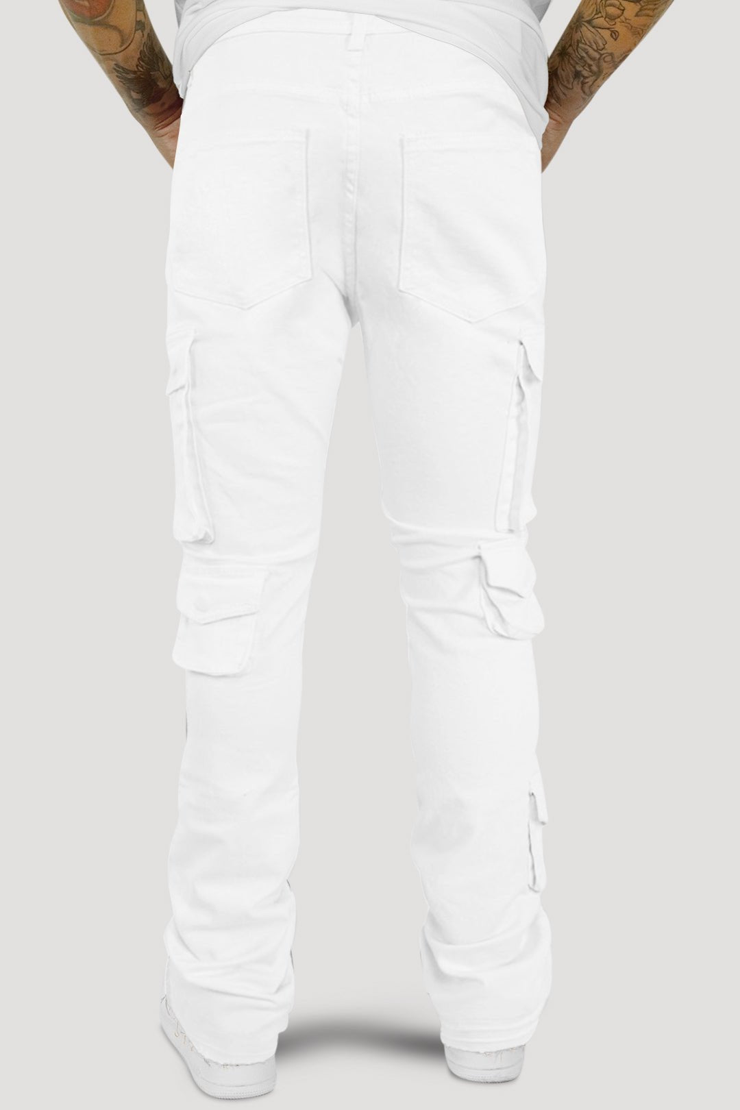 Vortex Cargo Stacked Denim (White) - Zamage