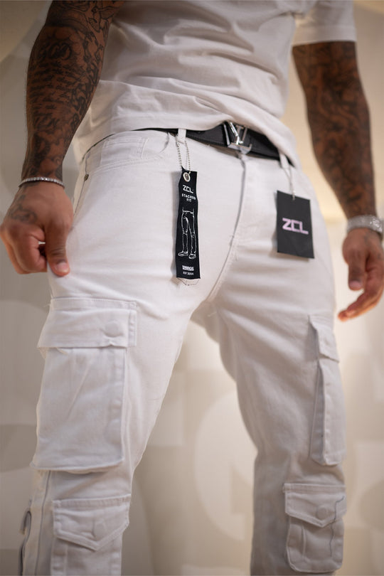 Vortex Cargo Stacked Denim (White) - Zamage
