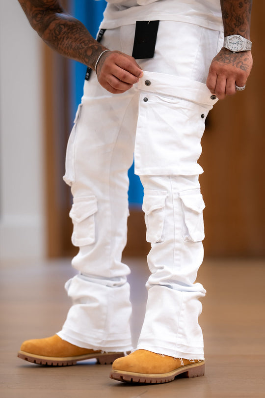 Vortex Cargo Stacked Denim (White) - Zamage
