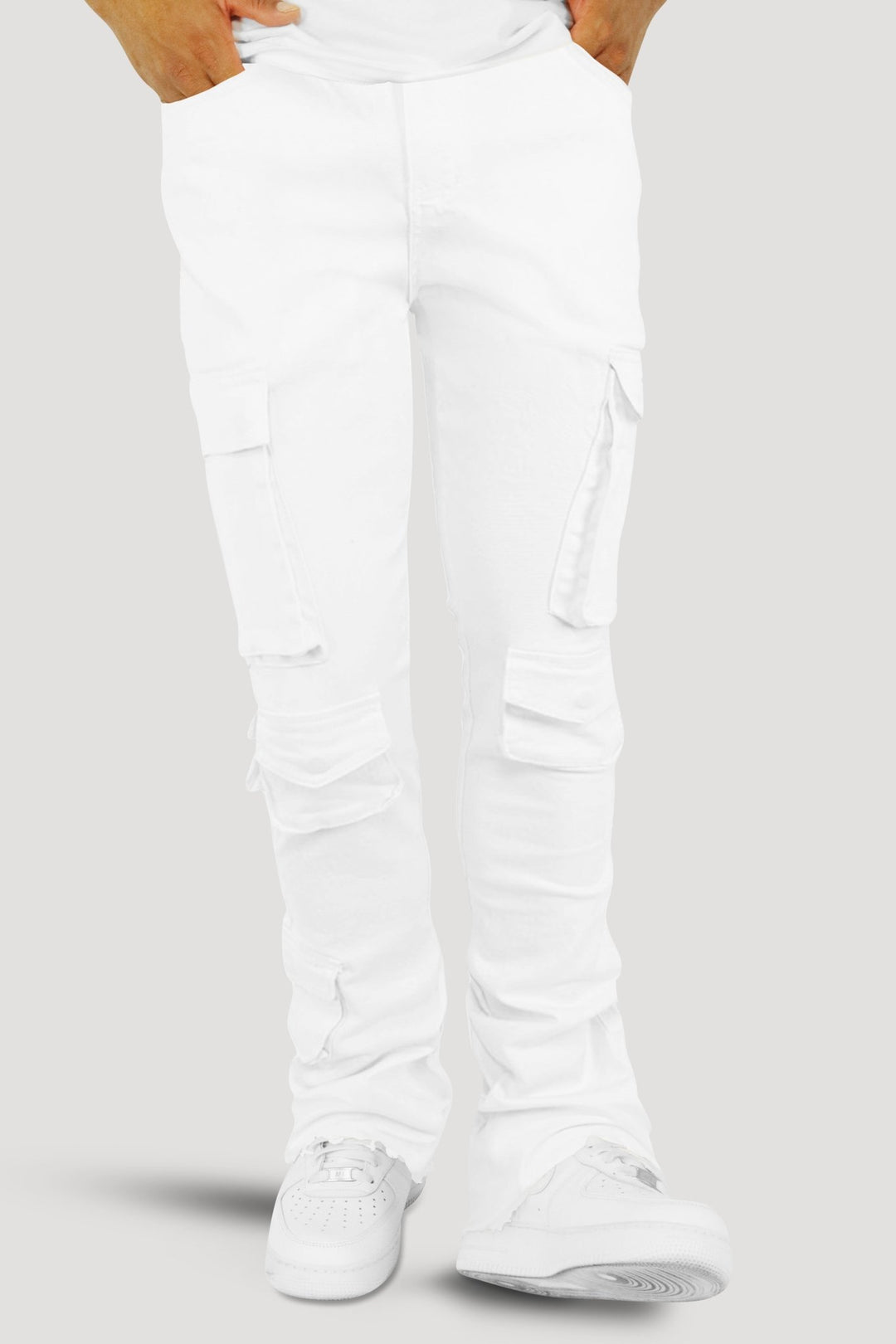 Vortex Cargo Stacked Denim (White) - Zamage