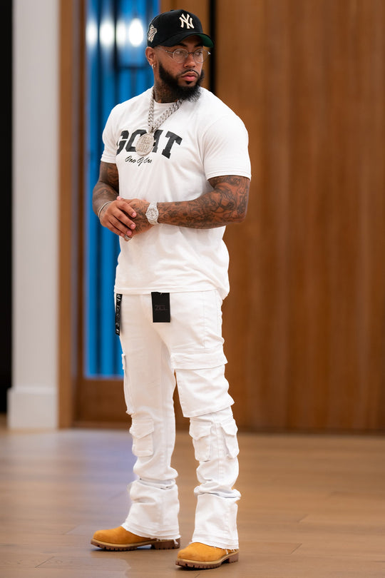 Vortex Cargo Stacked Denim (White) - Zamage