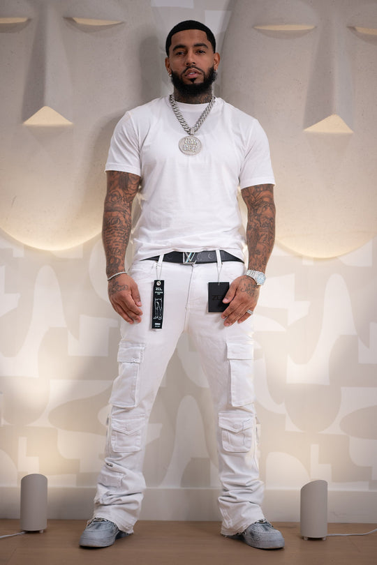 Vortex Cargo Stacked Denim (White) - Zamage