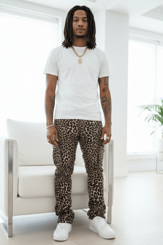 Vortex Leopard Cargo Stacked Denim (Black) - Zamage