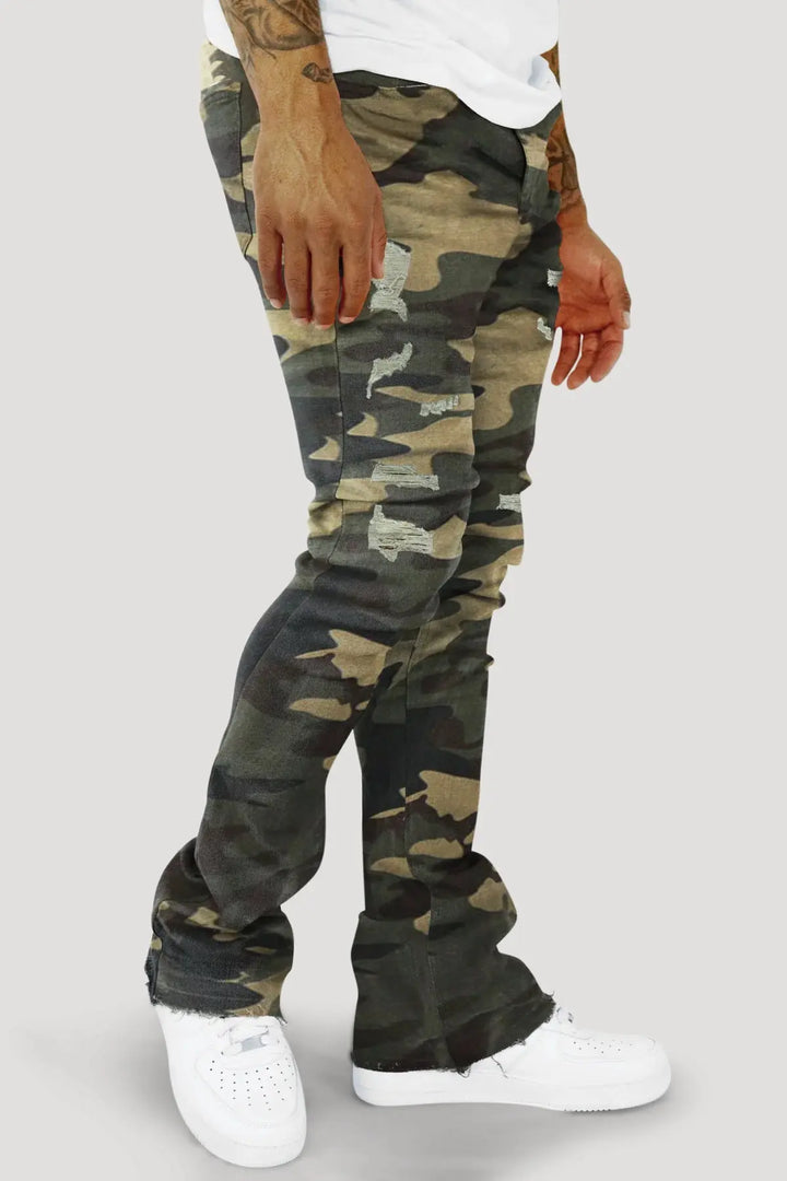 Camo ripped stacked jeans for men with distressing above the knee