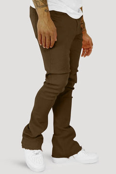 Brown stacked jeans for men with a tapered leg and folded stack at the ankle