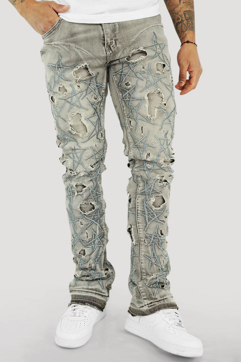 Stars On The Stacked Denim (Grey Wash)