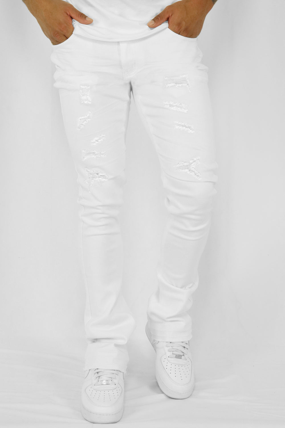 Vortex Ripped Stacked Denim (White) - Zamage