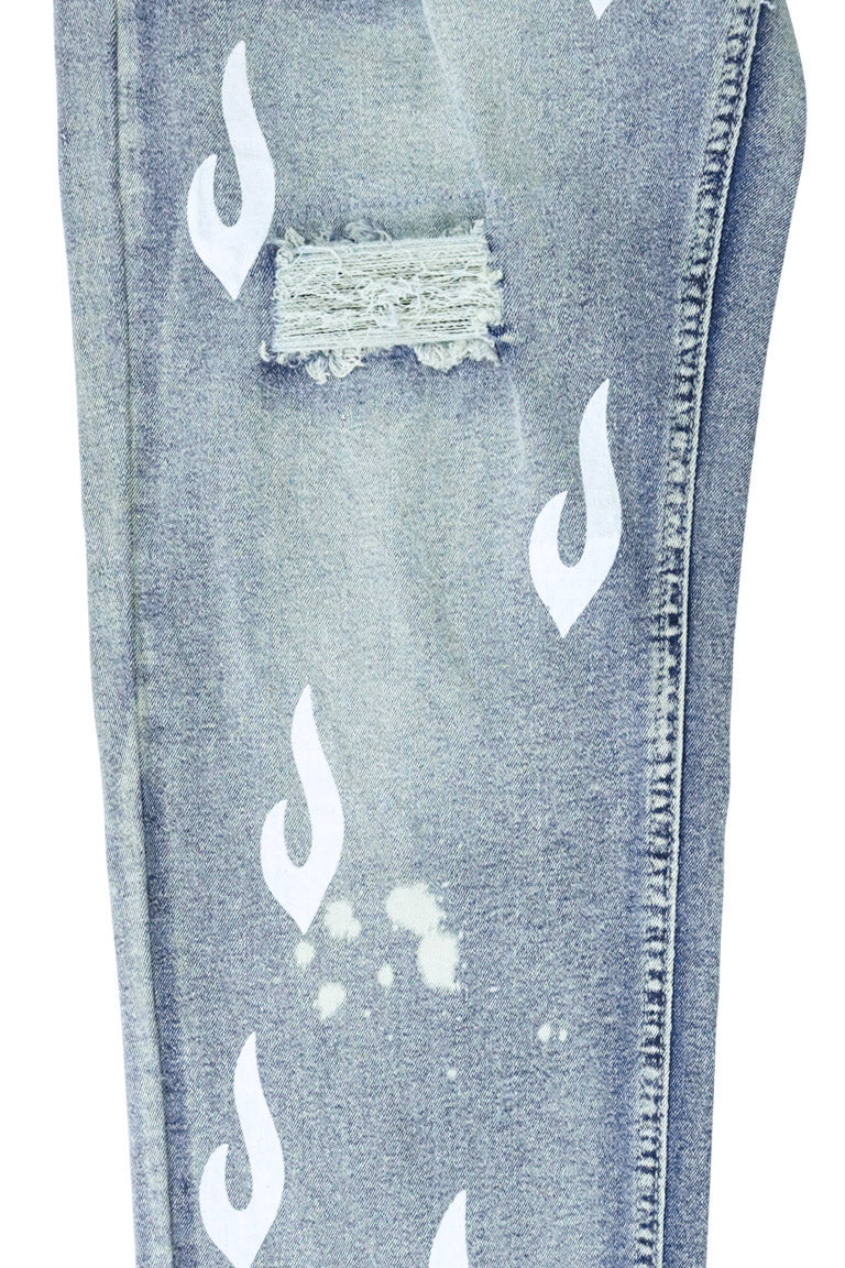 16 Jeans Men's Flame Print Jeans Snow Washed Light Blue Denim