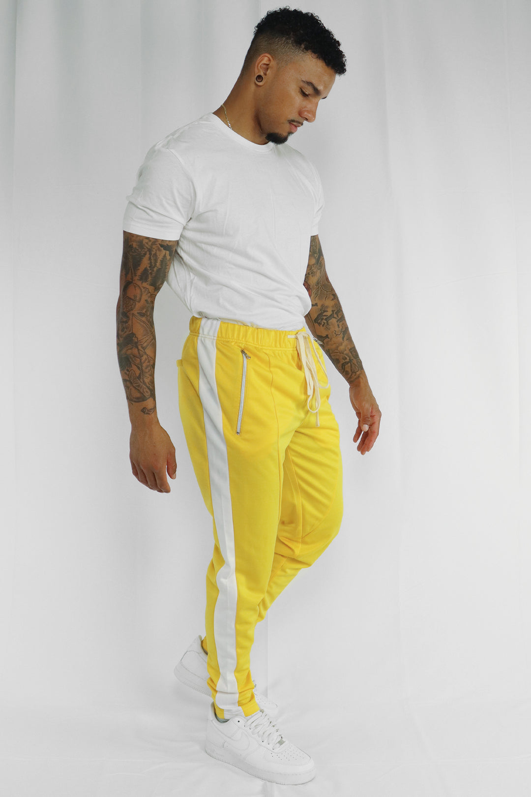 Premium Side Stripe Zip Pocket Track Pants (Yellow - White) - Zamage